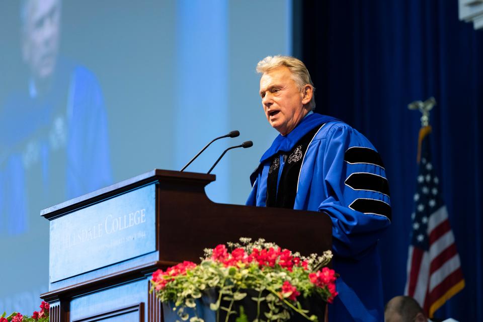 Hillsdale College board of trustees chairman Pat Sajak speaks at the college's spring commencement in 2021. Sajak will give the college's spring commencement address this coming May.