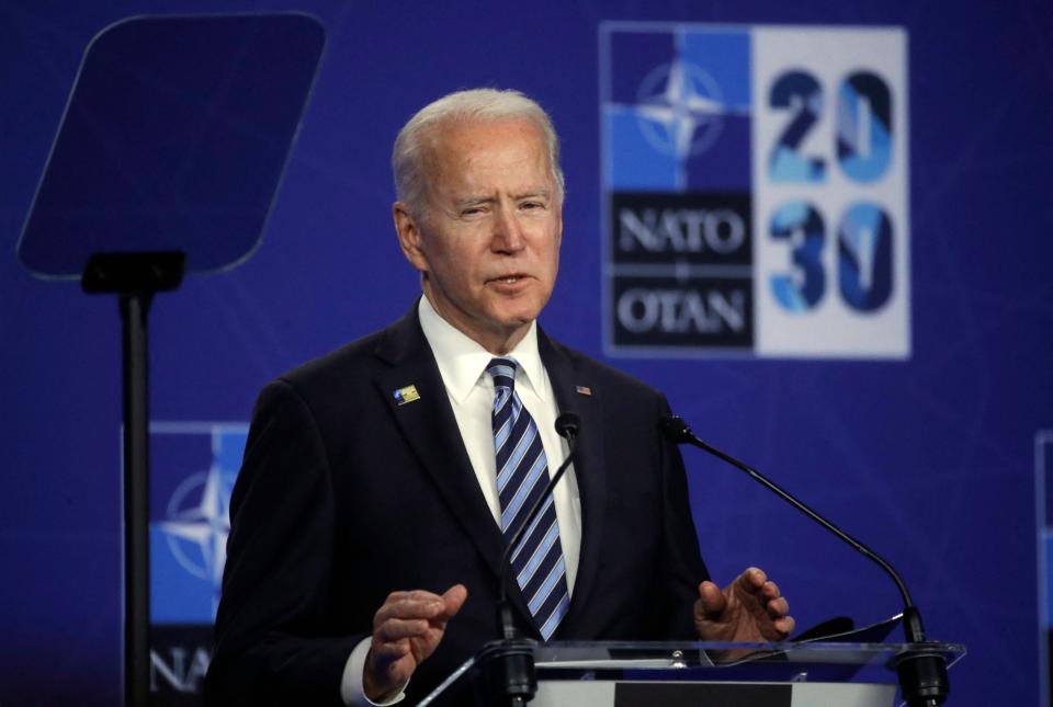 US President Joe Biden speaks during a press conference after the NATO summit at the North Atlantic Treaty Organization (NATO) headquarters in Brussels, on June 14, 2021 (POOL/AFP via Getty Images)