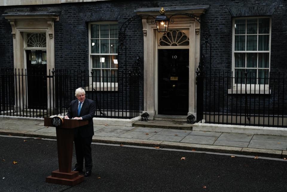 Outgoing Prime Minister Boris Johnson makes a speech outside 10 Downing Street, London, before leaving for Balmoral for an audience with Queen Elizabeth II to formally resign as Prime Minister. Picture date: Tuesday September 6, 2022. (PA Wire)