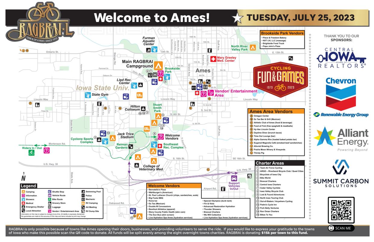 Map of Ames for RAGBRAI's 50th anniversary ride, July 25.