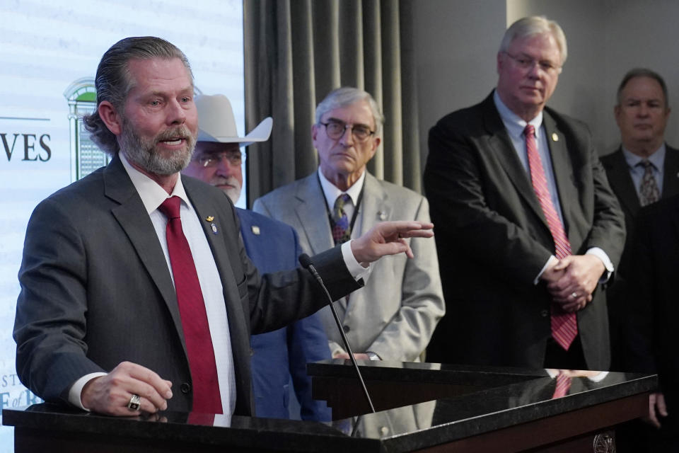 Oklahoma state Rep. Kevin McDugle, R-Broken Arrow, speaks Thursday, May 4, 2023, in Oklahoma City, during a news conference concerning the continuing efforts to halt the execution of death row inmate Richard Glossip. (AP Photo/Sue Ogrocki)
