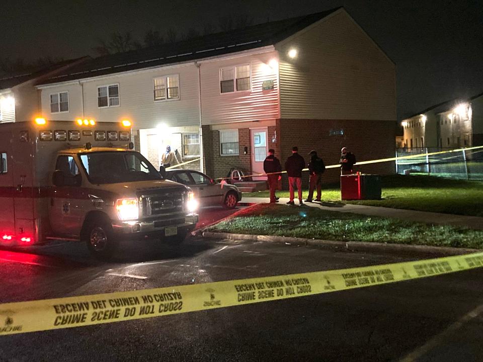 Police investigate after a 5-month-old girl was fatally stabbed on Helms Cove Lane in Penns Grove, N.J., on Friday, Dec. 3, 2021.