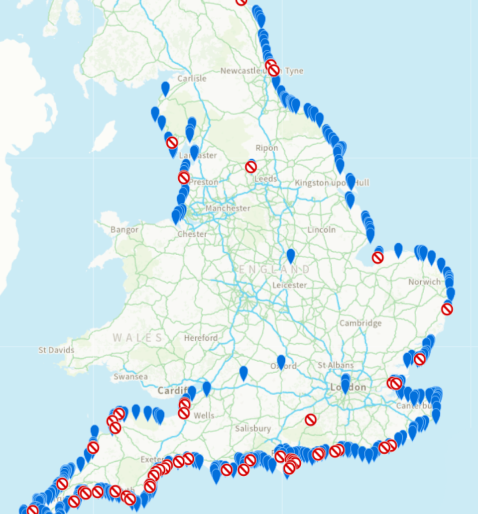 Map showing polluted beaches following heavy rain (Environment Agency)