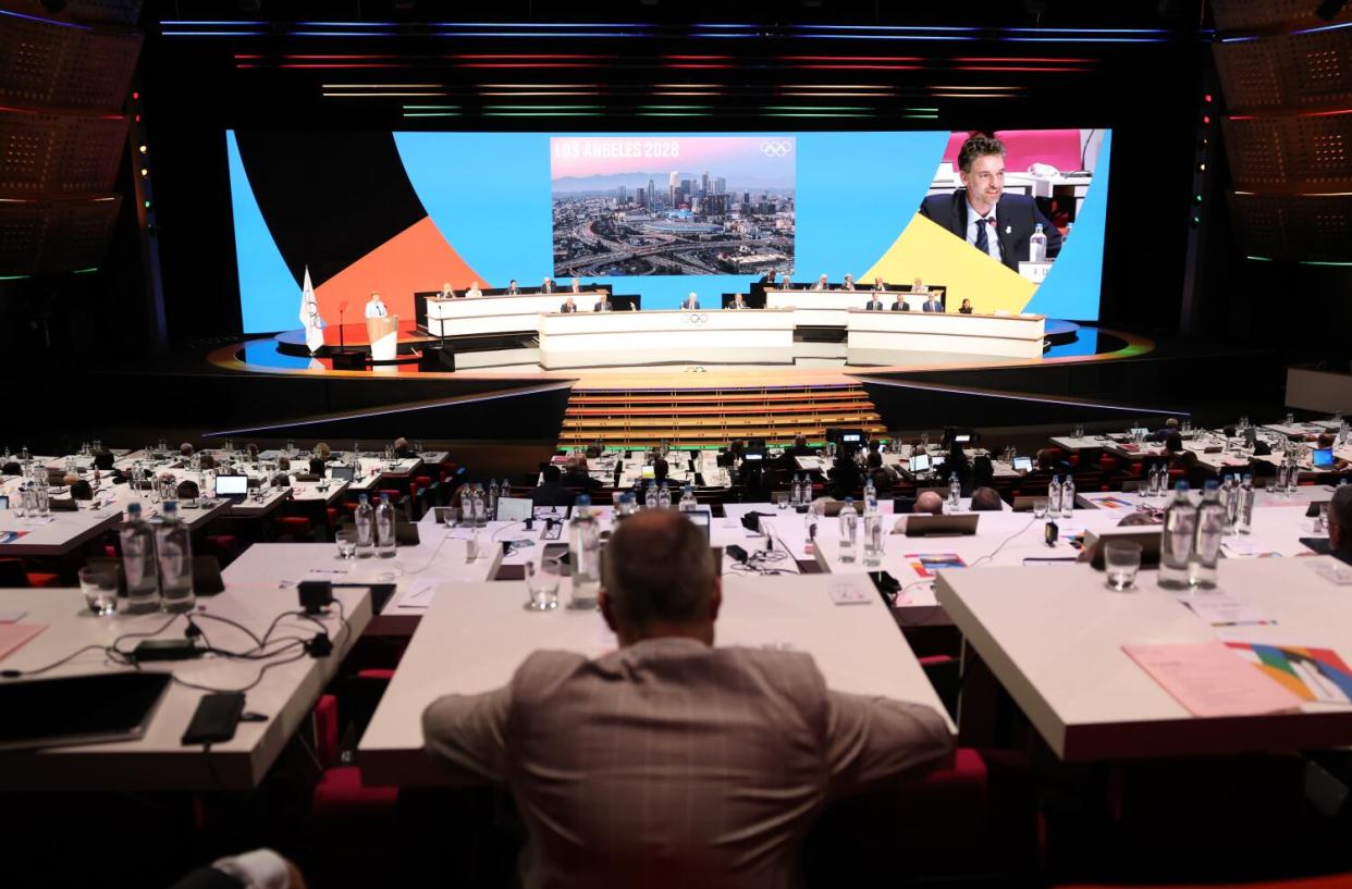 Former Lakers player Pau Gasol speaks during an LA28 and IOC meeting and presentation in Paris on Tuesday.