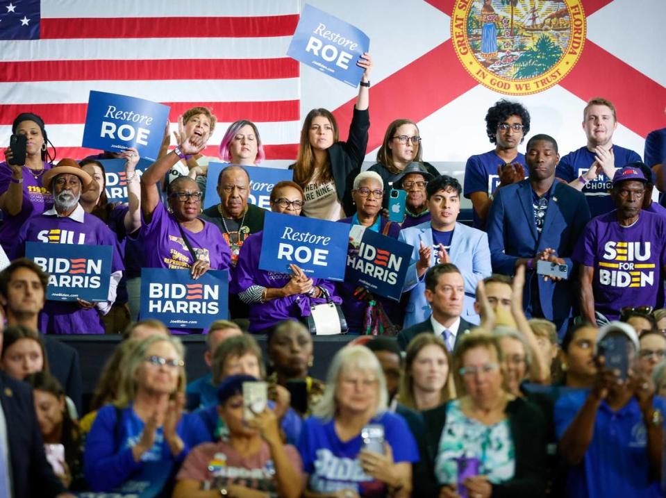 Spectators cheer as President Joe Biden speaks during a campaign stop at Hillsborough Community College Tuesday, April 23, 2024 in Tampa.