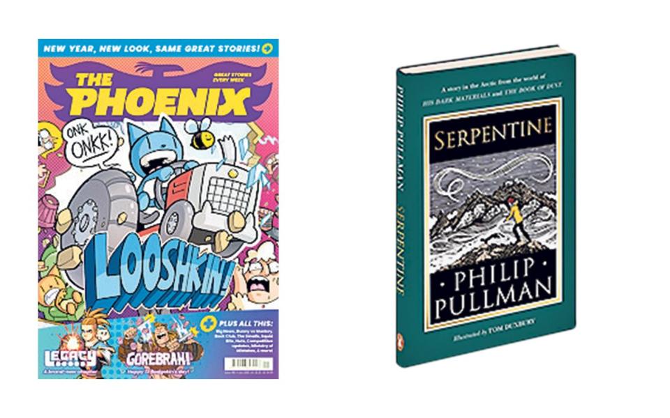 Left: become a cartoonist with Phoenix comics; right, Serpentine by Philip Pullman