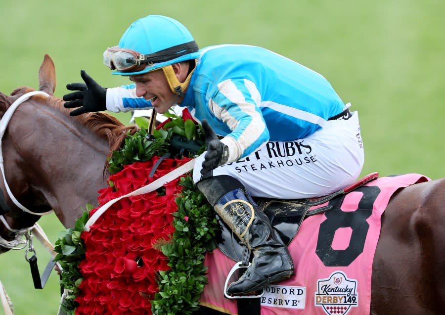 LOUISVILLE, KENTUCKY – MAY 06: Jockey Javier Castellano celebrates atop of Mage #8 after winning the 149th running of the Kentucky Derby at Churchill Downs on May 06, 2023 in Louisville, Kentucky. (Photo by Andy Lyons/Getty Images)