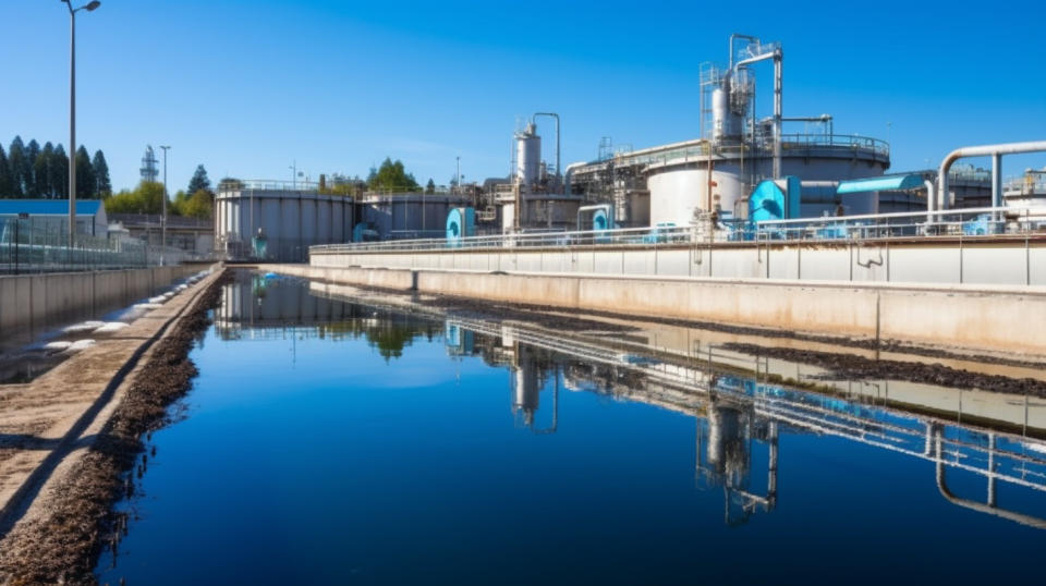 A treatment plant with a large industrial wastewater treatment pipe in the foreground.