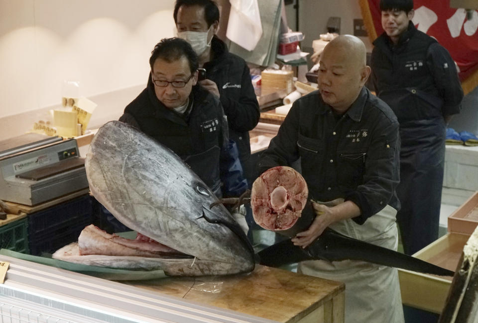 <p>Auf dem Tsukiji-Fischmarkt in Tokio wurde bei der ersten Auktion im neuen Jahr ein 405 Kilo schwerer Blauflossen-Thunfisch für umgerechnet 265.000 Euro verkauft. (Bild: AP Photo/Eugene Hoshiko) </p>