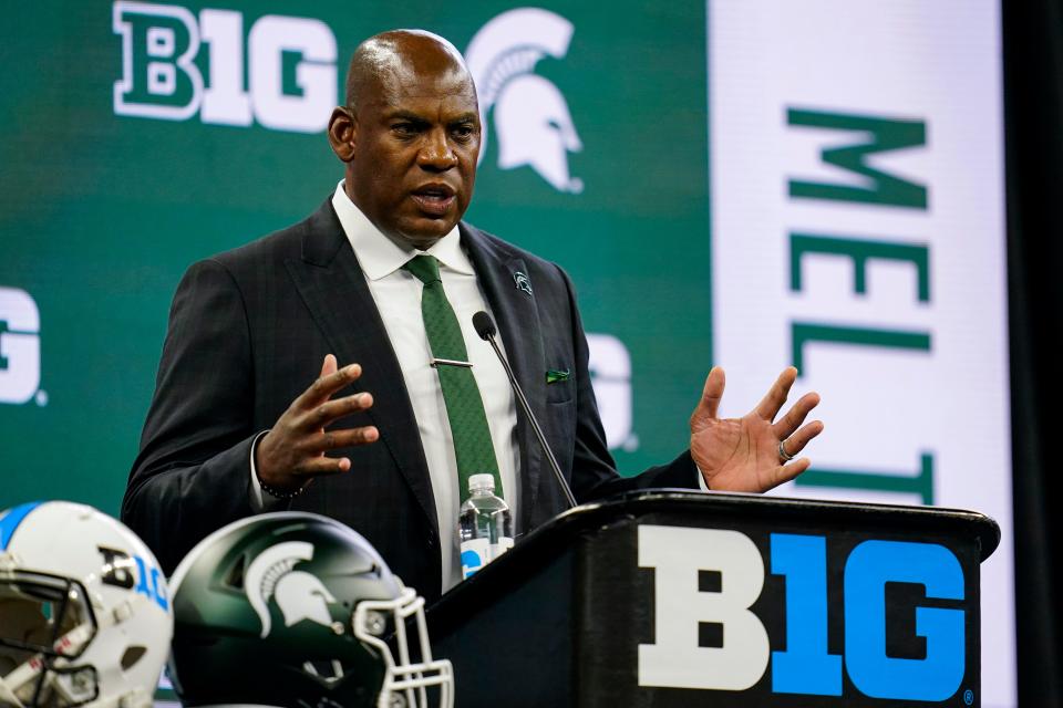 Michigan State coach Mel Tucker talks to reporters during the Big Ten media days in Indianapolis on Friday, July 23, 2021.