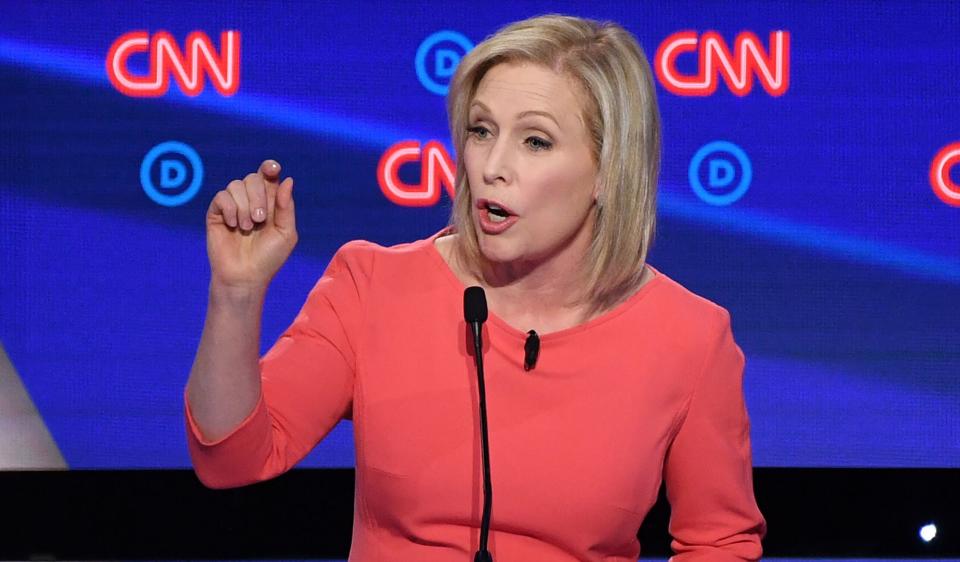 Sen. Kirsten Gillibrand (D-N.Y.) challenged former Vice President Joe Biden to explain remarks he made questioning whether families should have two parents working outside the house.&nbsp; (Photo: JIM WATSON via Getty Images)