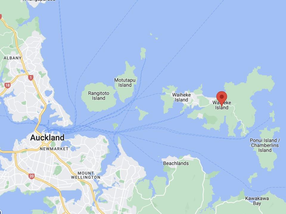 A screenshot of Waiheke Island, relative to Auckland, New Zealand.