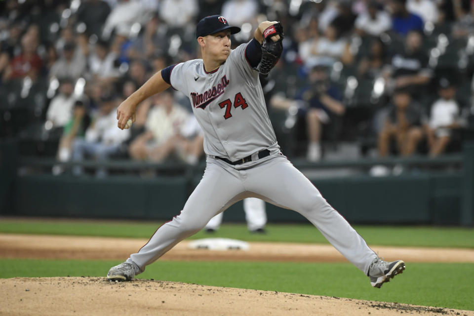 Minnesota Twins starter Josh Winder throws during the first inning of the team's baseball game against the Chicago White Sox on Tuesday, July 5, 2022, in Chicago. (AP Photo/Paul Beaty)