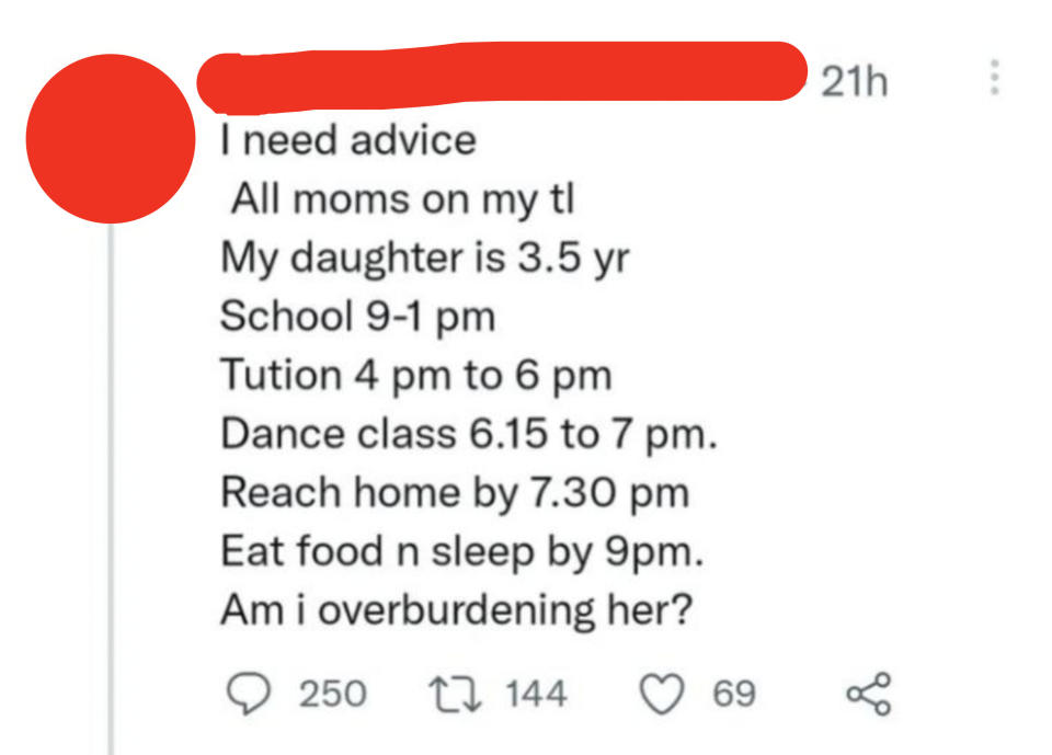 mom posts a whole full schedule that her daughter has and asks if it's too much