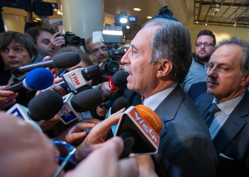 Center-right coalition candidate for governor of the Basilicata region Vito Bardi is surrounded by reporters as he arrives to meet the media in Potenza, southern Italy, Monday, March 25, 2019, a day after people in Basilicata voted in regional elections. The center-right led by Matteo Salvini’s League wrested control of the small southern region of Basilicata from the center-left Democratic Party that ran the regional government for a quarter of a century. Salvini on Monday touted the victory, saying that the League had tripled the number of votes in the region since last year’s national election, taking a swipe at the weakened center-left and looking ahead to elections for European parliament in May with ‘’greetings to the left, now to change Europe.’’ (Tony Vece/ANSA via AP)
