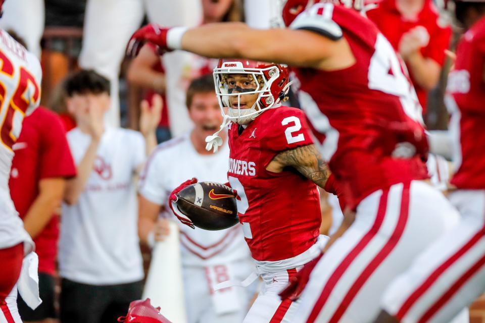 Oklahoma's Billy Bowman Jr. (2) intercepts a pass and runs the ball in for a touchdown in the first quarter during an NCAA football game between University of Oklahoma (OU) and Iowa State at the Gaylord Family Oklahoma Memorial Stadium in Norman, Okla., on Saturday, Sept. 30, 2023.