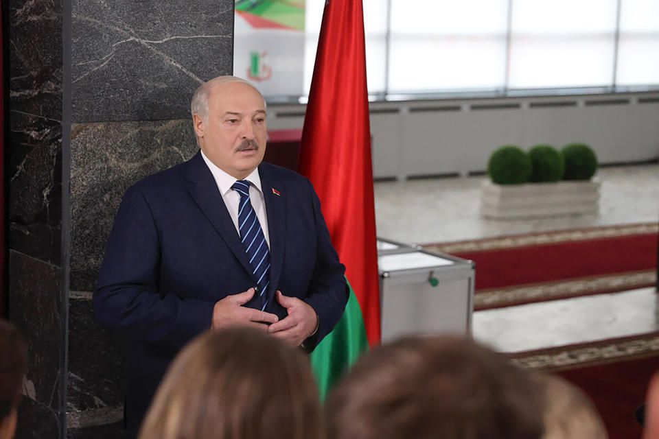 In this photo provided by the Belarusian Presidential Press Service, Belarus President Alexander Lukashenko addresses the media after voting, at a polling station in Minsk, Belarus, on Sunday, Feb. 25, 2024. Lukashenko was believed a few years ago to be considering whether to lead the new body after stepping down, but his calculus has apparently changed, and he announced on Sunday that he will run in next year's presidential election. (Belarusian Presidential Press Service via AP)