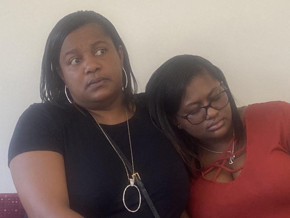 Aniya Harmon, right, with mother Latosha White at a news conference Tuesday, Sept. 12, 2023.