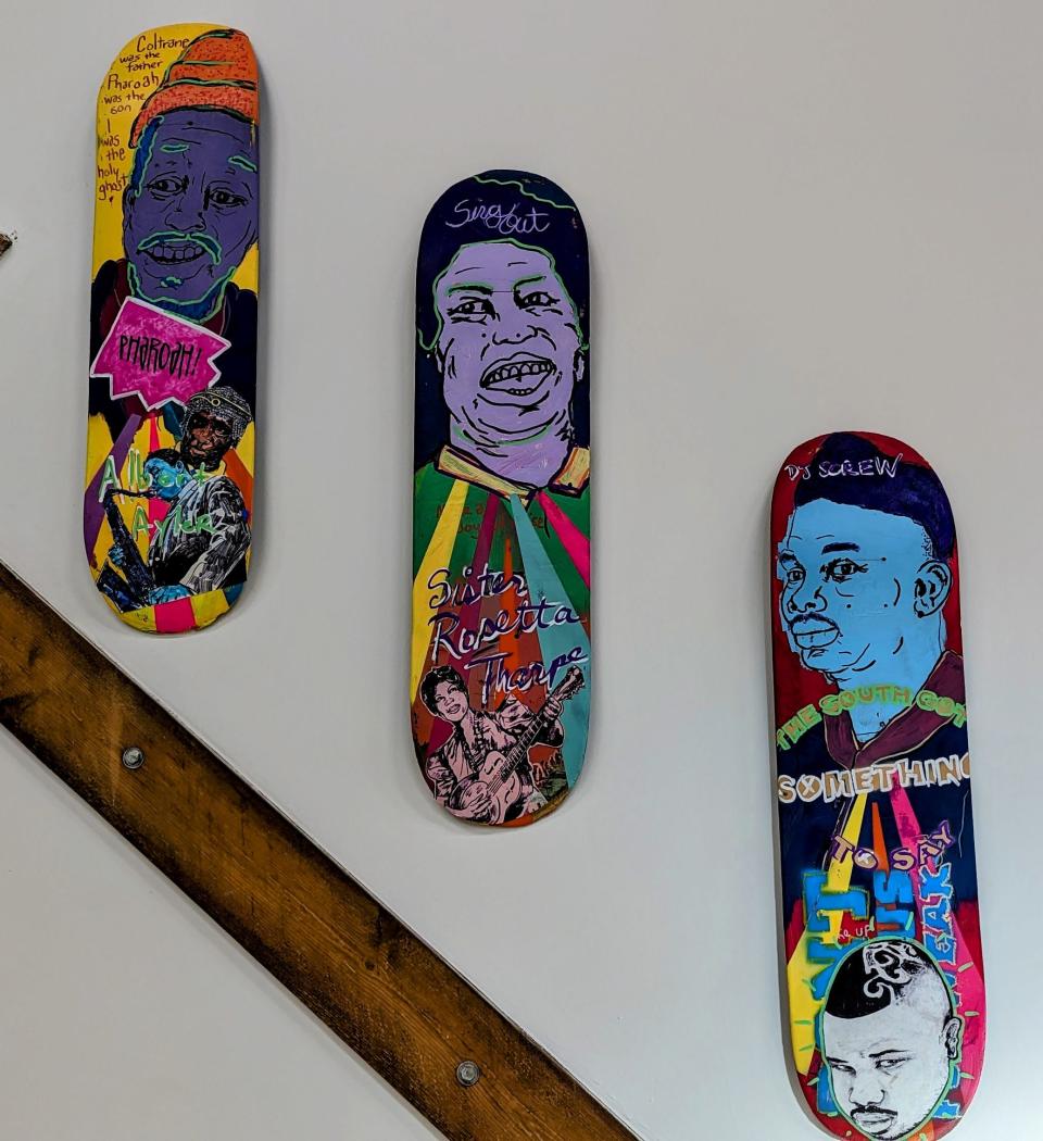 A trio of painted skate decks depicting prominent Black musicians is part of the exhibit "No Kings But Us."