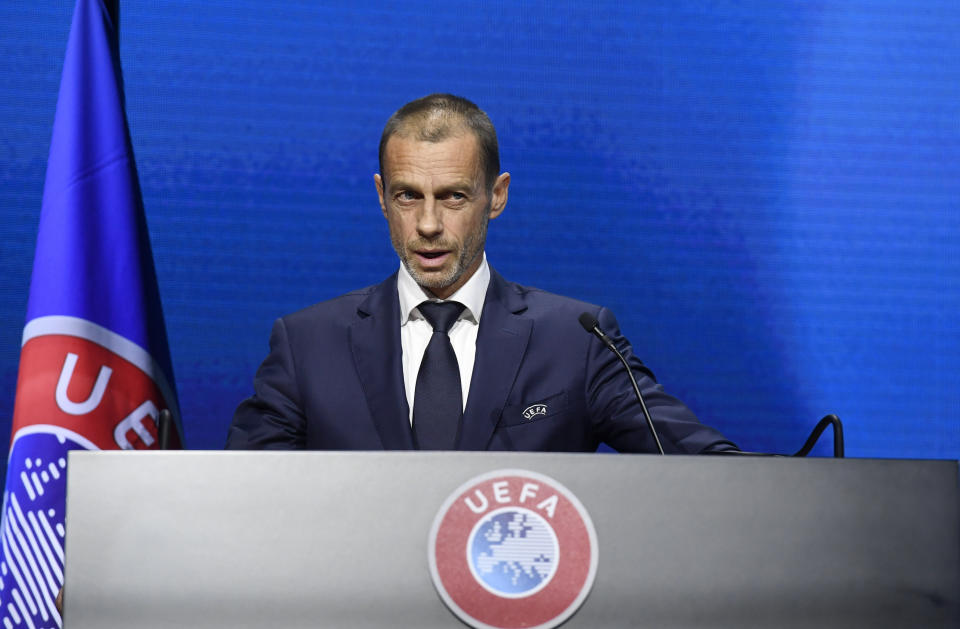 UEFA President Aleksander Ceferin speaks during the 45th UEFA Congress in Montreux, Switzerland, Tuesday April 20, 2021. Ceferin has directly appealed to the owners of English clubs in the Super League project to change their minds out of respect for soccer fans. Ceferin both cajoled and criticized the six-club English group made up of American billionaires, Arab royalty and a Russian oligarch. (Richard Juilliart/UEFA via AP)