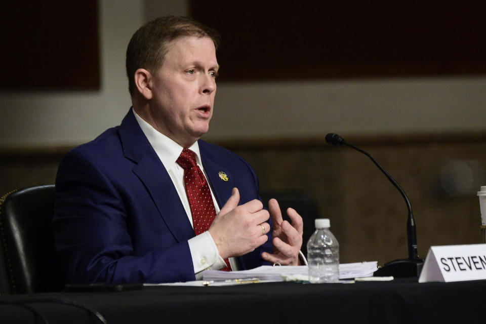 Former U.S. Capitol Police Chief Steven Sund testifies before a Senate Homeland Security and Governmental Affairs & Senate Rules and Administration joint hearing on Capitol Hill, Washington, Tuesday, Feb. 23, 2021, to examine the January 6th attack on the Capitol. (Erin Scott/The New York Times via AP, Pool)