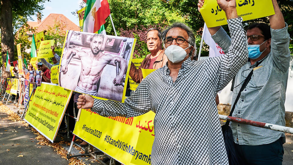 Demonstrators, pictured here in front of the Iranian embassy in Berlin.