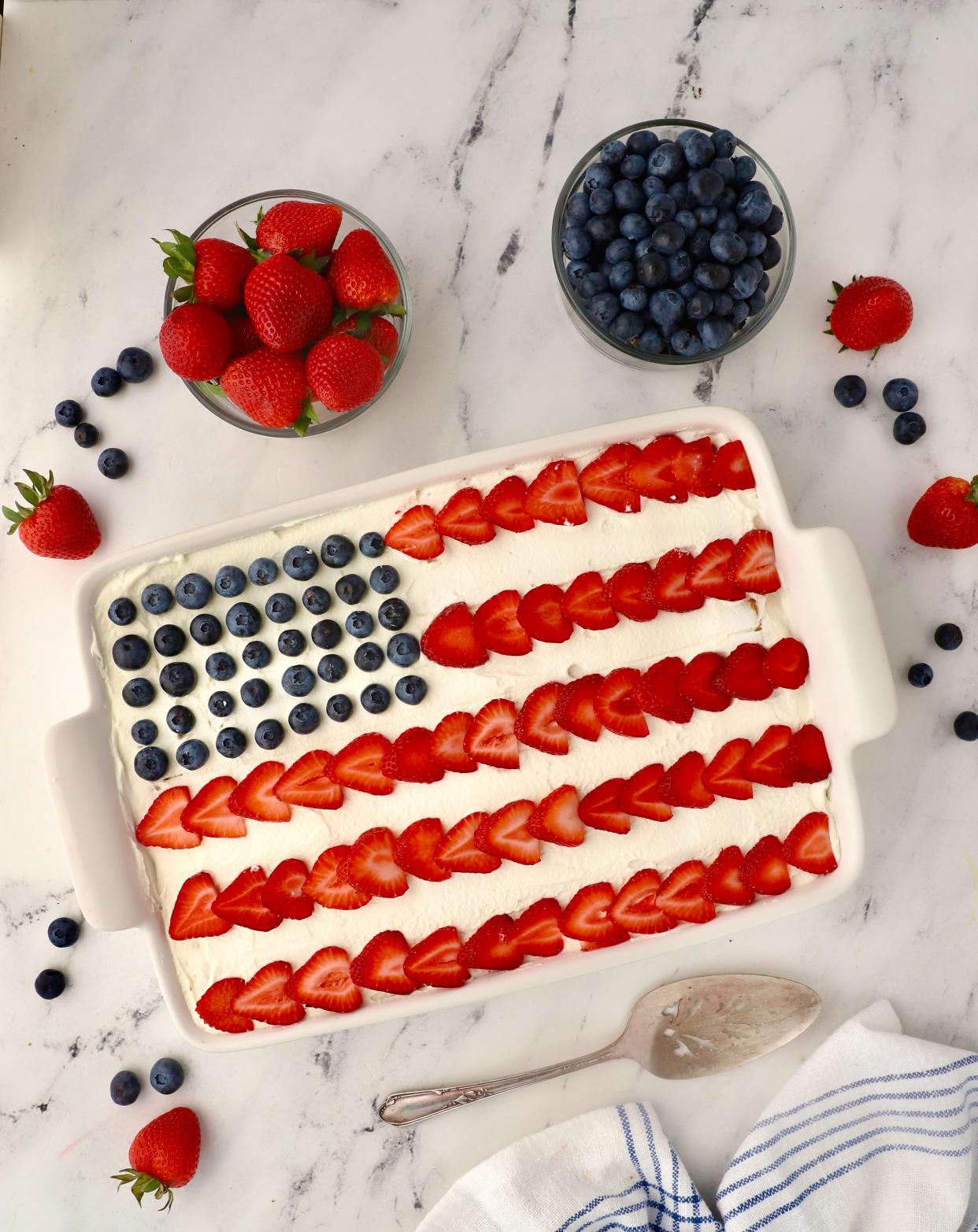 Red, White and Blue No-Bake Icebox Cake can be made ahead of the big day and doesn’t require any baking.