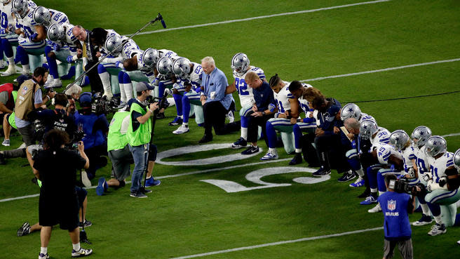 Jerry Jones, who perpetually draws attention to himself and the NFL anthem flap, got caught slipping on protocol before a Cowboys practice. (AP)