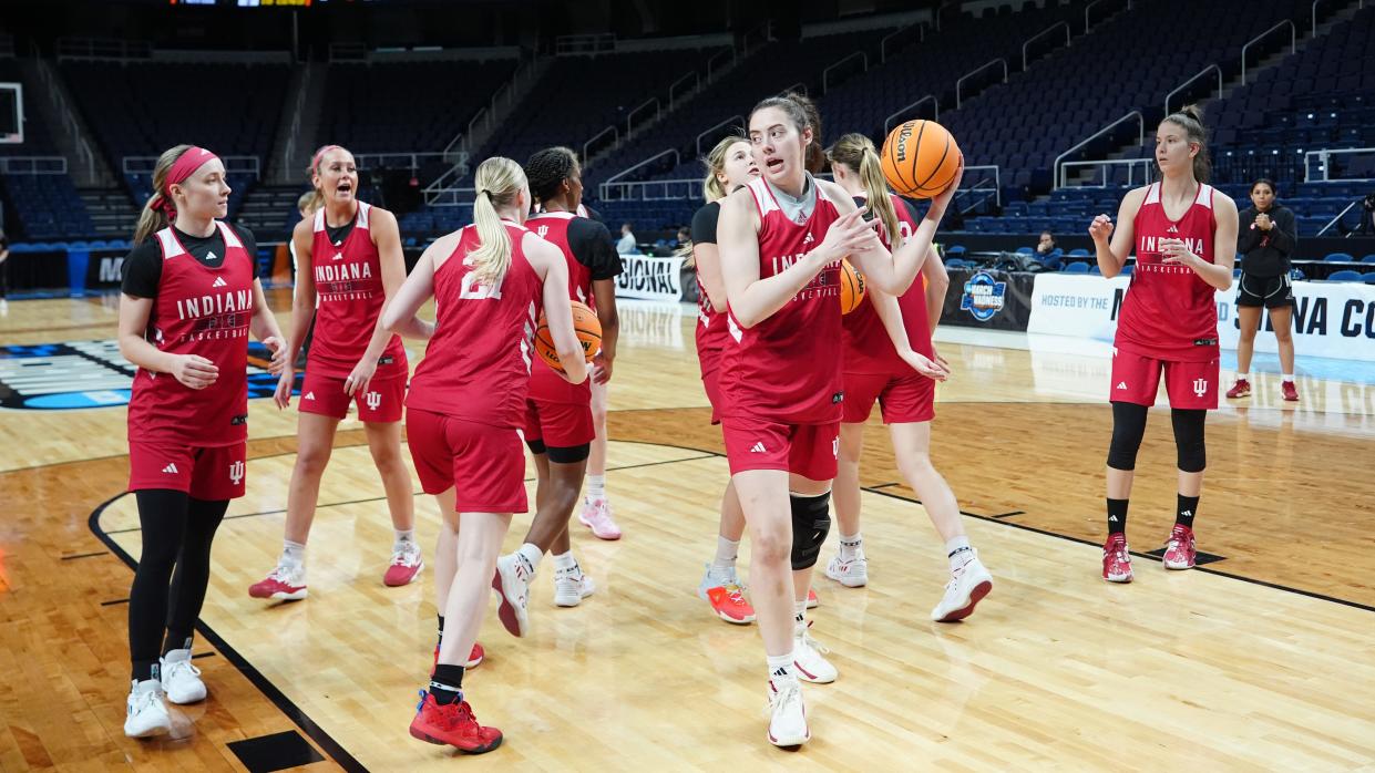 Mar 28, 2024; Albany, NY, USA; The Indiana Hoosiers shoot layups during practice prior to their NCAA Tournament Sweet 16 game at MVP Arena. Mandatory Credit: Gregory Fisher-USA TODAY Sports
