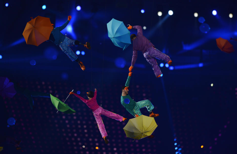 LONDON, ENGLAND - AUGUST 29: Artists perform with umbrellas during the Opening Ceremony of the London 2012 Paralympics at the Olympic Stadium on August 29, 2012 in London, England. (Photo by Gareth Copley/Getty Images)