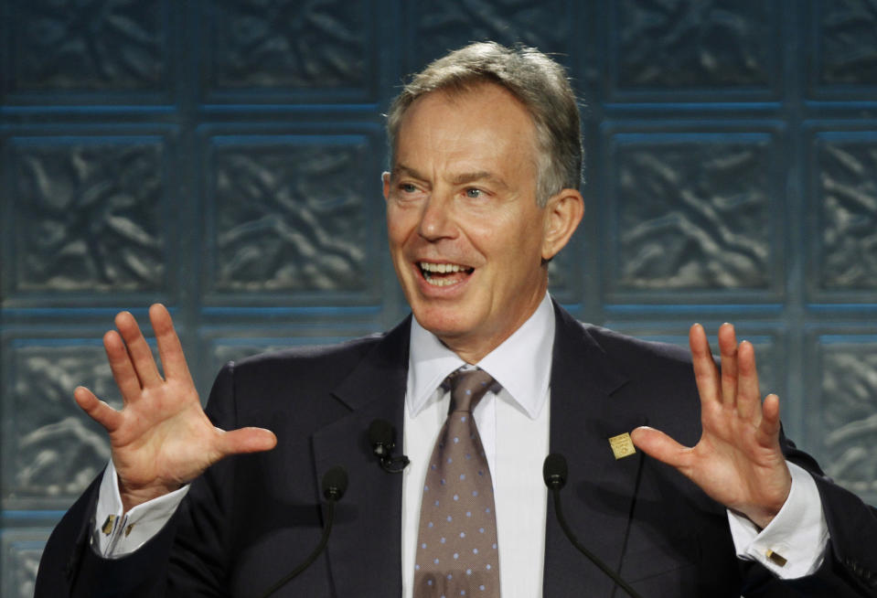 FILE - In this Wednesday, Oct. 5, 2011 file photo former British Prime Minister Tony Blair speaks at the Cuyahoga Community College scholarship luncheon in Cleveland. (AP Photo/Mark Duncan, file)