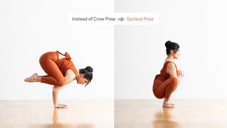 A woman wearing rust colored yoga close practices Crow Pose, then squats into Malasana (Garland pose)