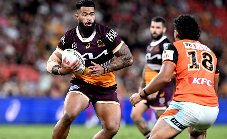 Payne Haas, pictured here in action for the Broncos against the Wests Tigers.