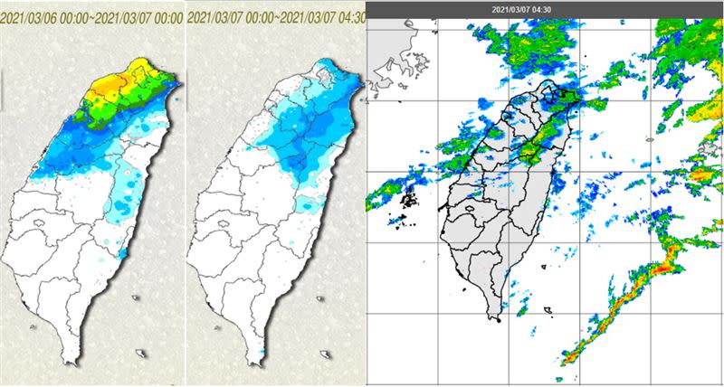 今(7日)晨4：30累積雨量圖顯示，昨日(左圖)至今晨(中圖)的累積降雨，主要分布在台中以北，以新竹以北為最多。4：30雷達回波圖(右圖)顯示，鋒面對流系統已在台灣東方海面，中部以北仍有較弱的降水回波。