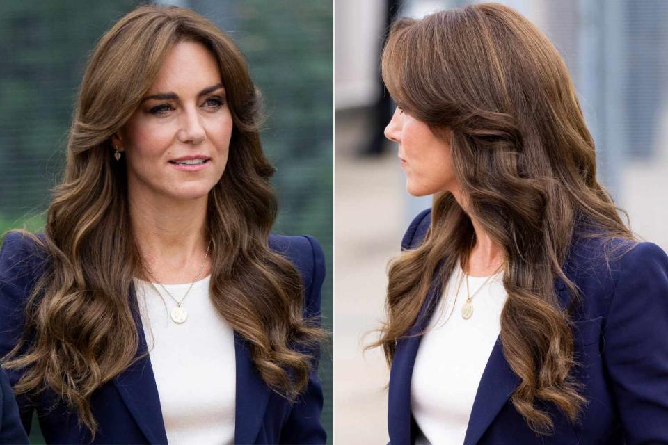 <p>Mark Cuthbert/UK Press via Getty</p> Kate Middleton visited HMP High Down on Sept. 12 in her royal role as patron of The Forward Trust — and wore waves in her new haircut.
