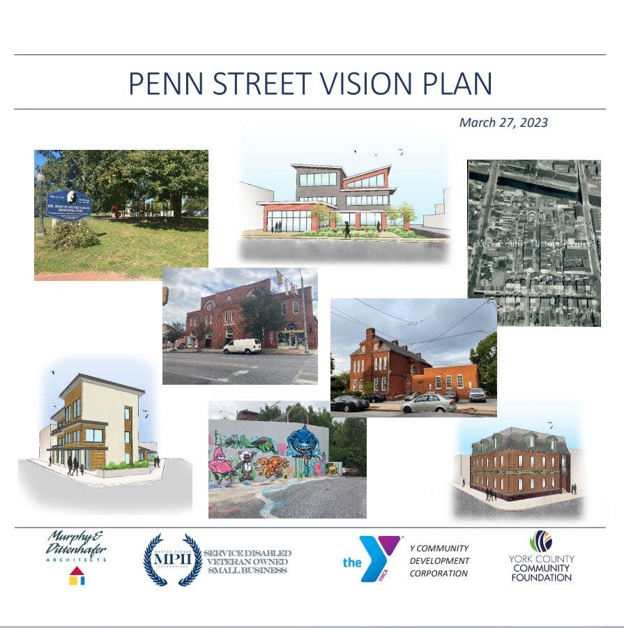 A sampling from the Penn Street Vision Plan of buildings discussed for renovation featuring Penn Market, left center, and the Princess Street Center, right center. The York County Community Foundation funded the study with a $25,000 grant.