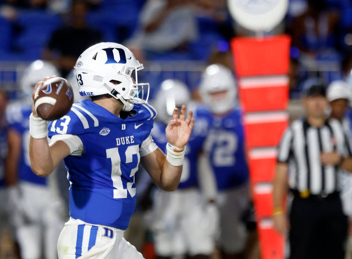 Duke quarterback Riley Leonard looks to throw during the first half of the Blue Devils season opener against Temple at Wallace Wade Stadium on Friday, Sept. 2, 2022, in Durham, N.C.