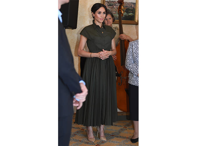 ﻿﻿When Meghan Wore a Pleated Number in Olive Green to Dinner