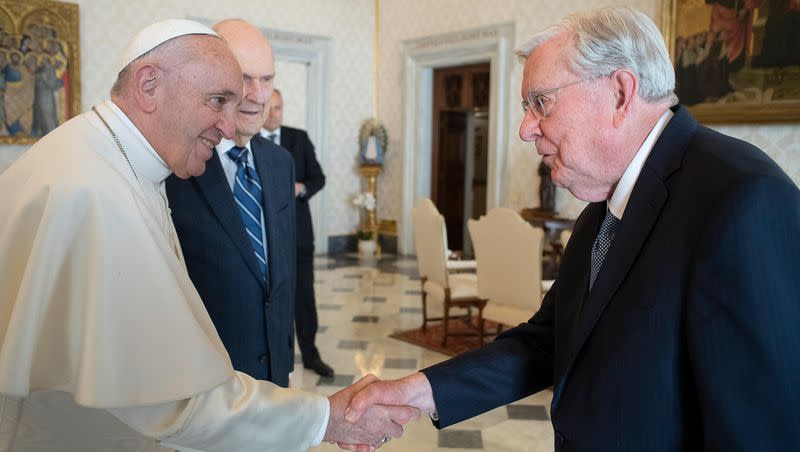 President M. Russell Ballard, acting president of the Quorum of the Twelve Apostles, meets with Pope Francis at the Vatican in Rome, Italy, on Saturday, March 9, 2019.