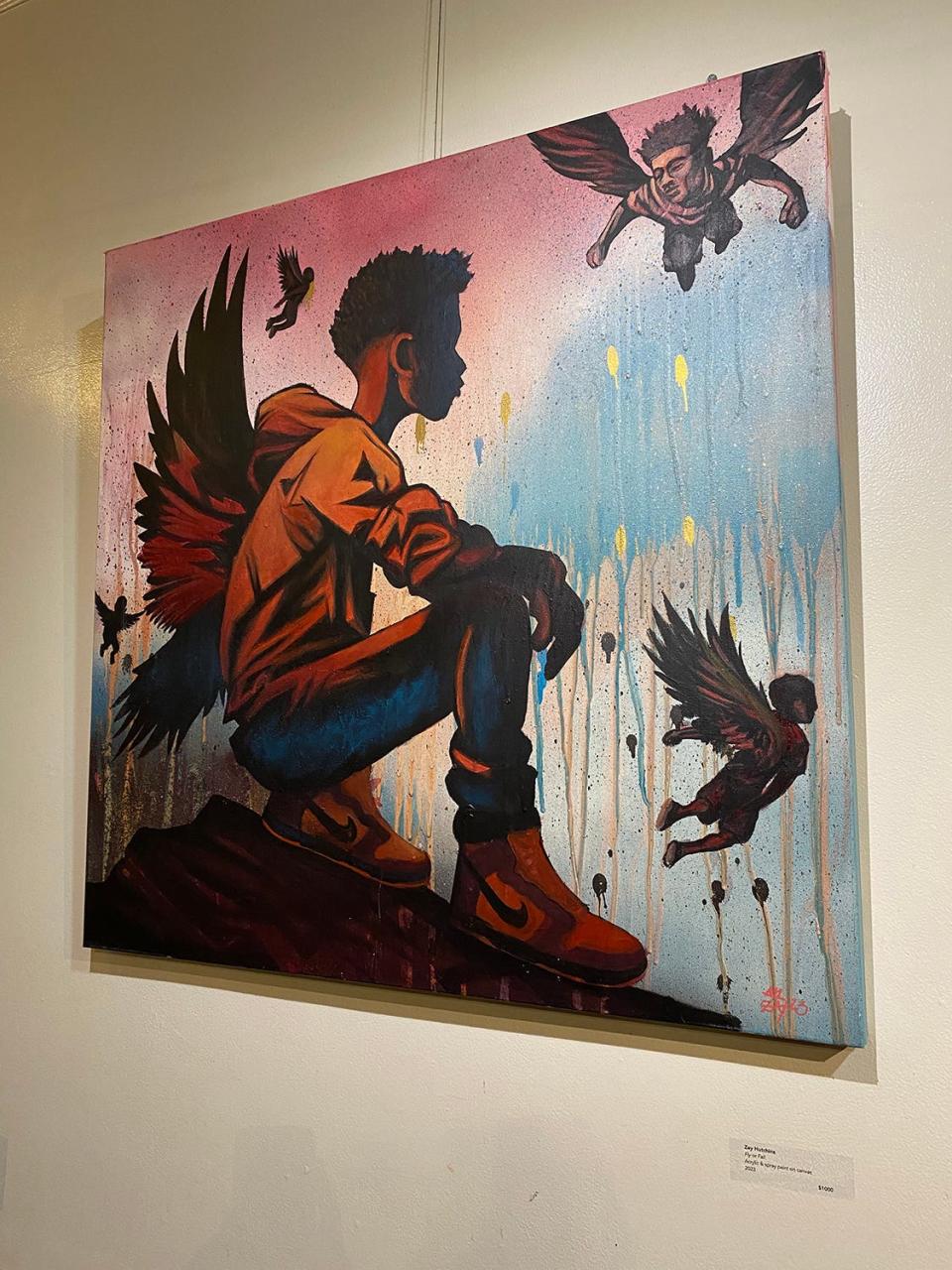 'Fly or Fall' by Zay Hutchins is featured in his exhibition Dripping Crown Chronicles at The Sentient Bean, 13 E. Park Ave.