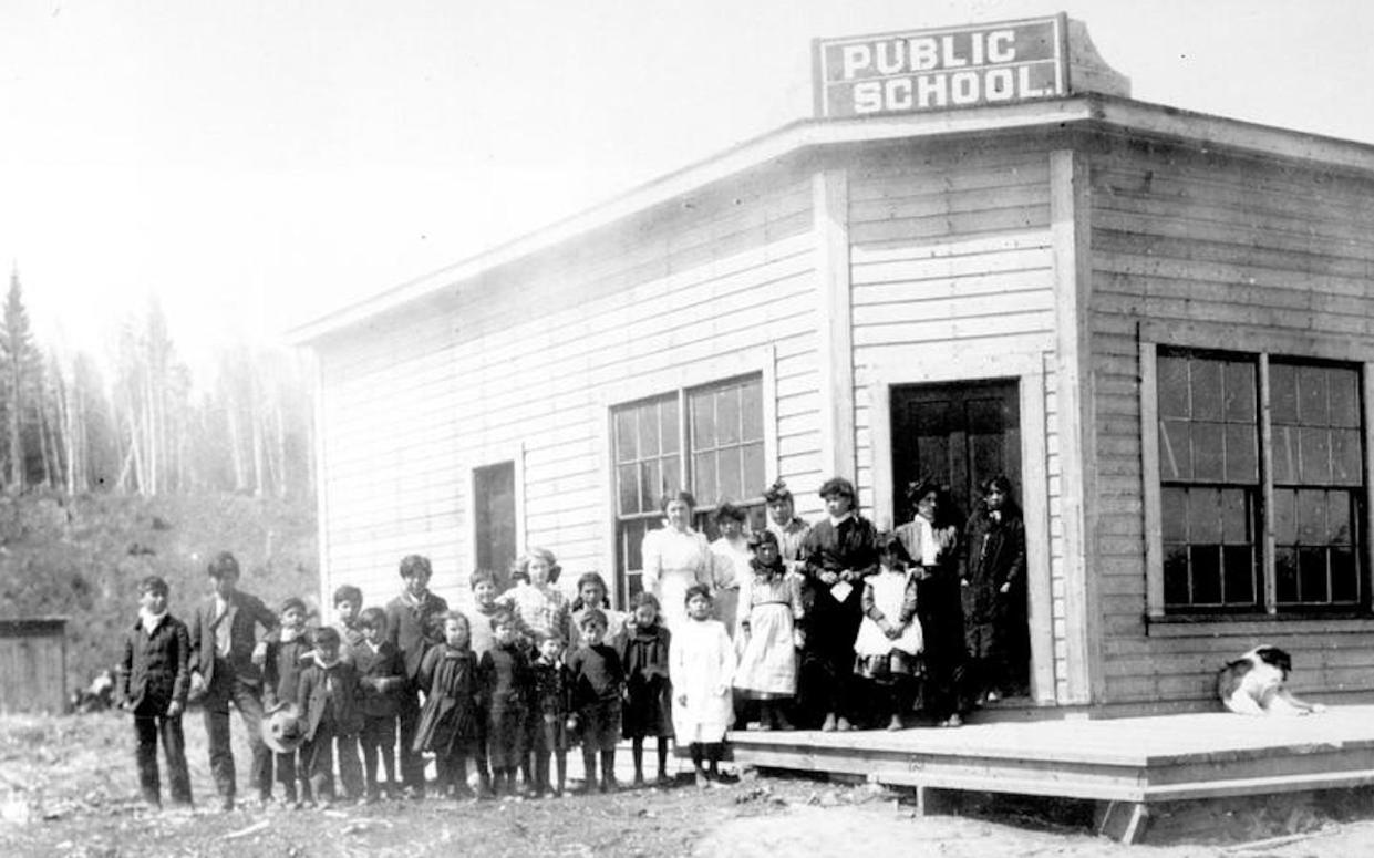 Alex Bird (second from the left) and his siblings from the Lheidli T'enneh First Nation were among the first students to attend this public school, near Prince George, B.C., in the early 1910s. (Royal B.C. Museum, Image B-00342, British Columbia Archives)