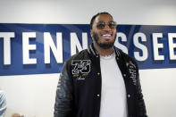 Tennessee Titans first round draft pick JC Latham arrives for an NFL football new conference Friday, April 26, 2024, in Nashville, Tenn. (AP Photo/George Walker IV)