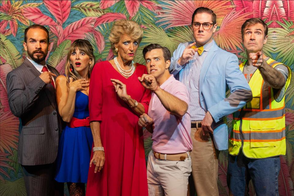 From left, Luis E. Rivera, Gina Milo, Lisa McMillan, Jordan Ahnquist, Shaun Memmel and Gil Brady star in a new production of the murder mystery comedy “Shear Madness” at Florida Studio Theatre.