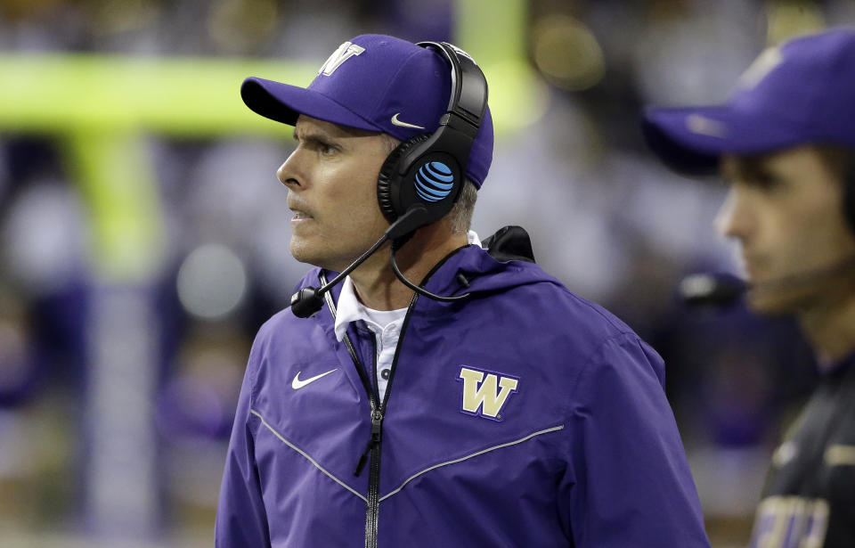 Washington head coach Chris Petersen looks on against California in the second half of an NCAA college football game Saturday, Oct. 7, 2017, in Seattle. (AP Photo/Elaine Thompson)