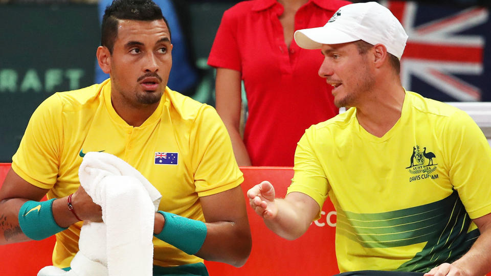 Nick Kyrgios and Lleyton Hewitt in Australia's Davis Cup clash with Belgium in 2017.  (Photo by Julian Finney/Getty Images)