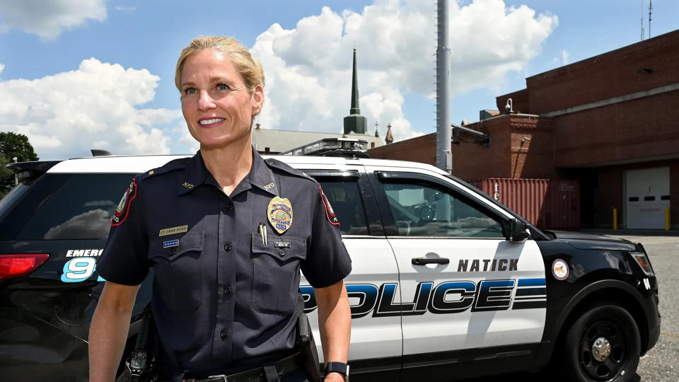 Ashland Police Chief Cara Rossi, pictured while still a lieutenant in Natick, is on paid administrative leave, Town Manager Michael Herbert confirmed.