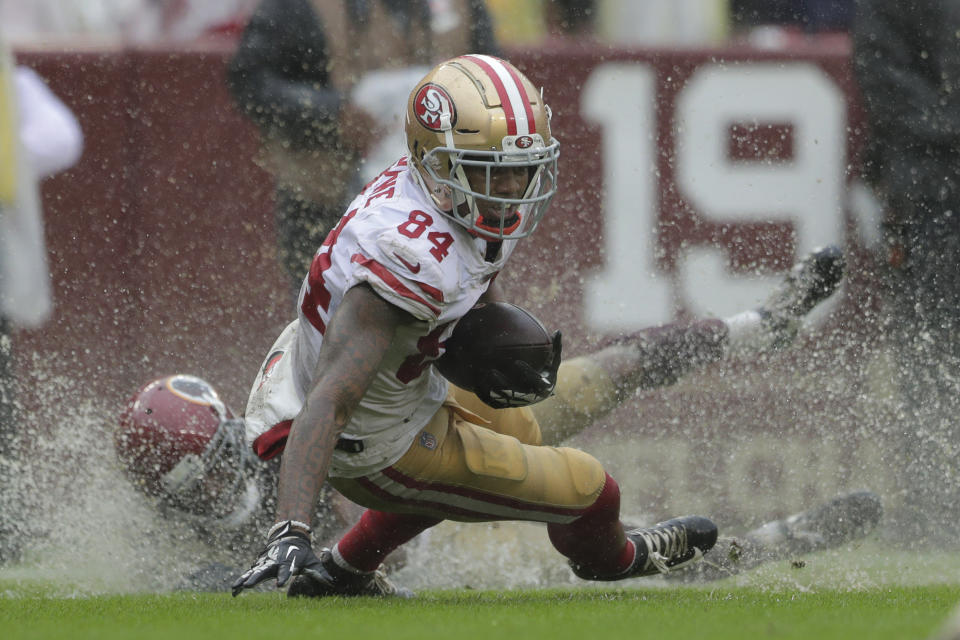 San Francisco 49ers wide receiver Kendrick Bourne rushes the ball in the second half of an NFL football game against the Washington Redskins, Sunday, Oct. 20, 2019, in Landover, Md. (AP Photo/Julio Cortez)