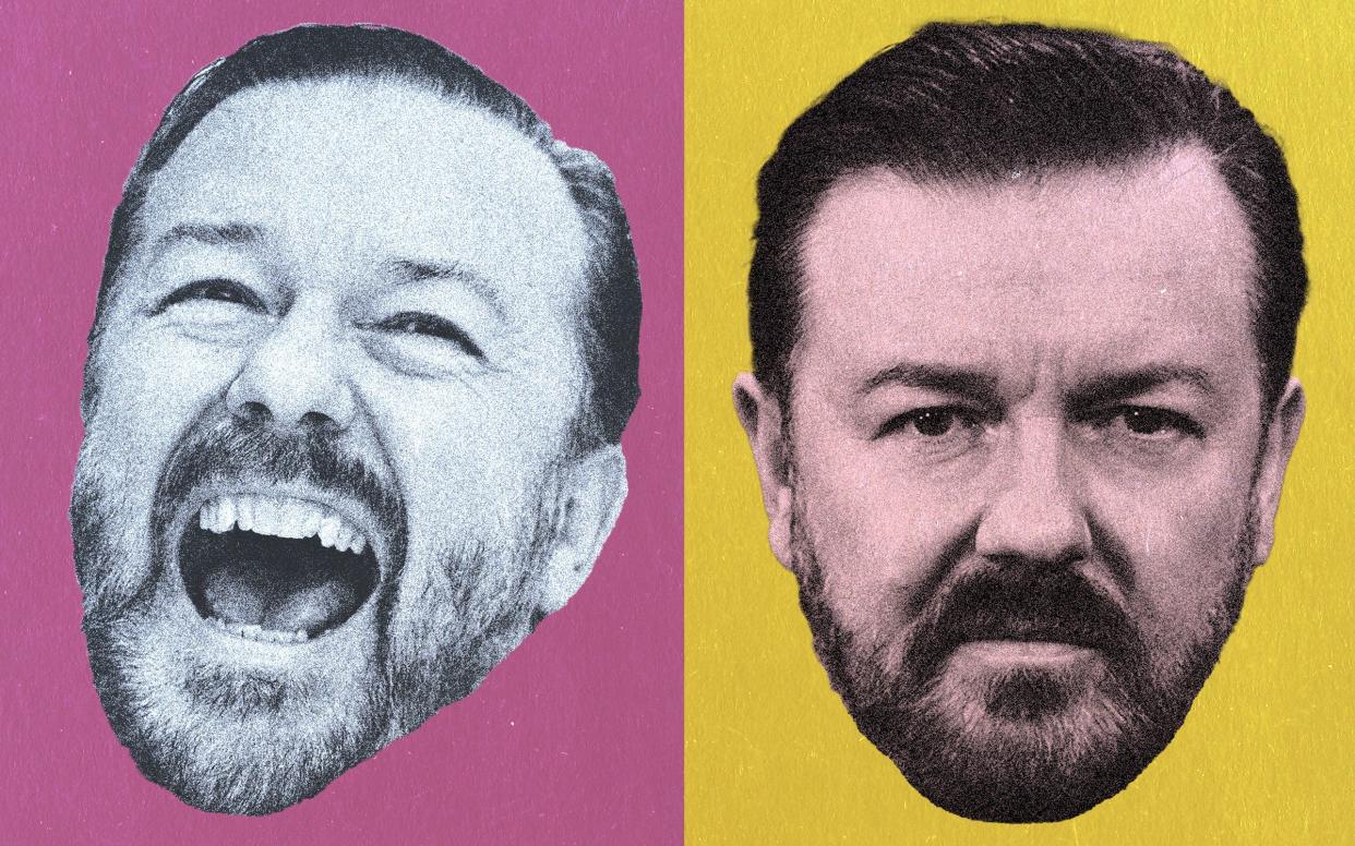 Split image of Ricky Gervais laughing and frowning