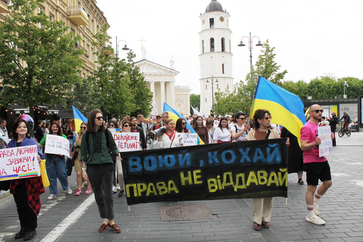 The Ukrainian bloc of protesters at the Baltic Pride march Sunday in Vilnius, Lithuania. (Enrique Anarte Lazo)