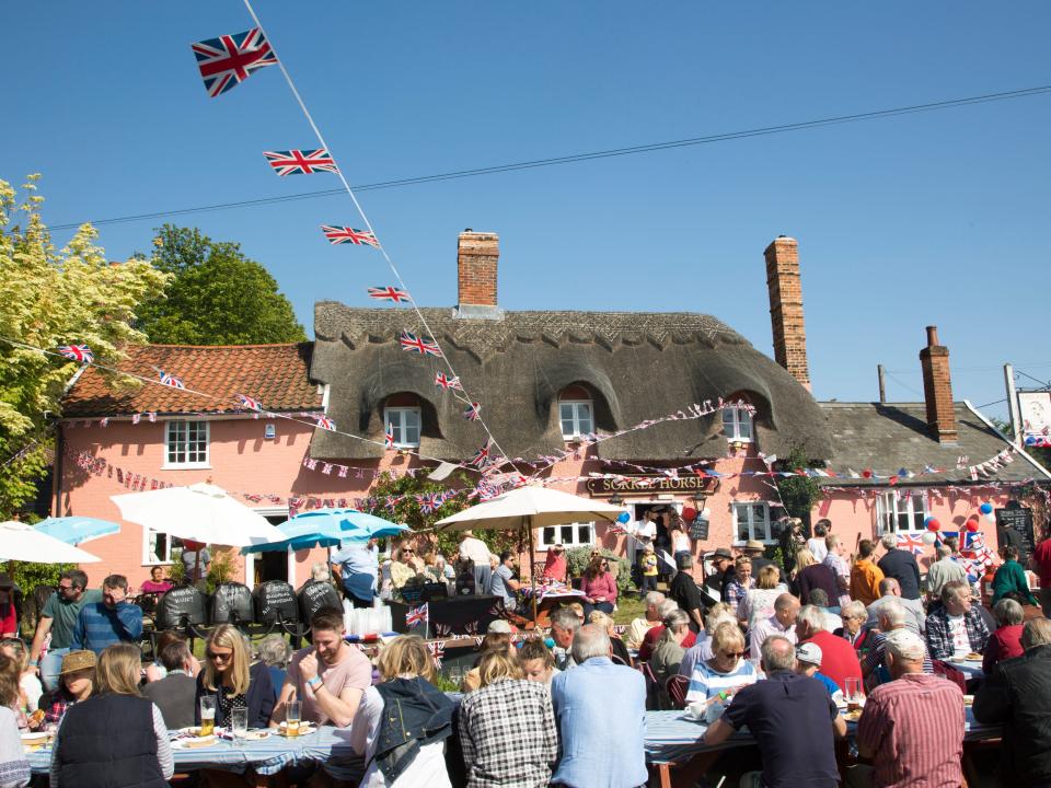 Street party celebrating royal wedding of Prince harry and Meghan Markle in Suffolk, England on May 19, 2018.